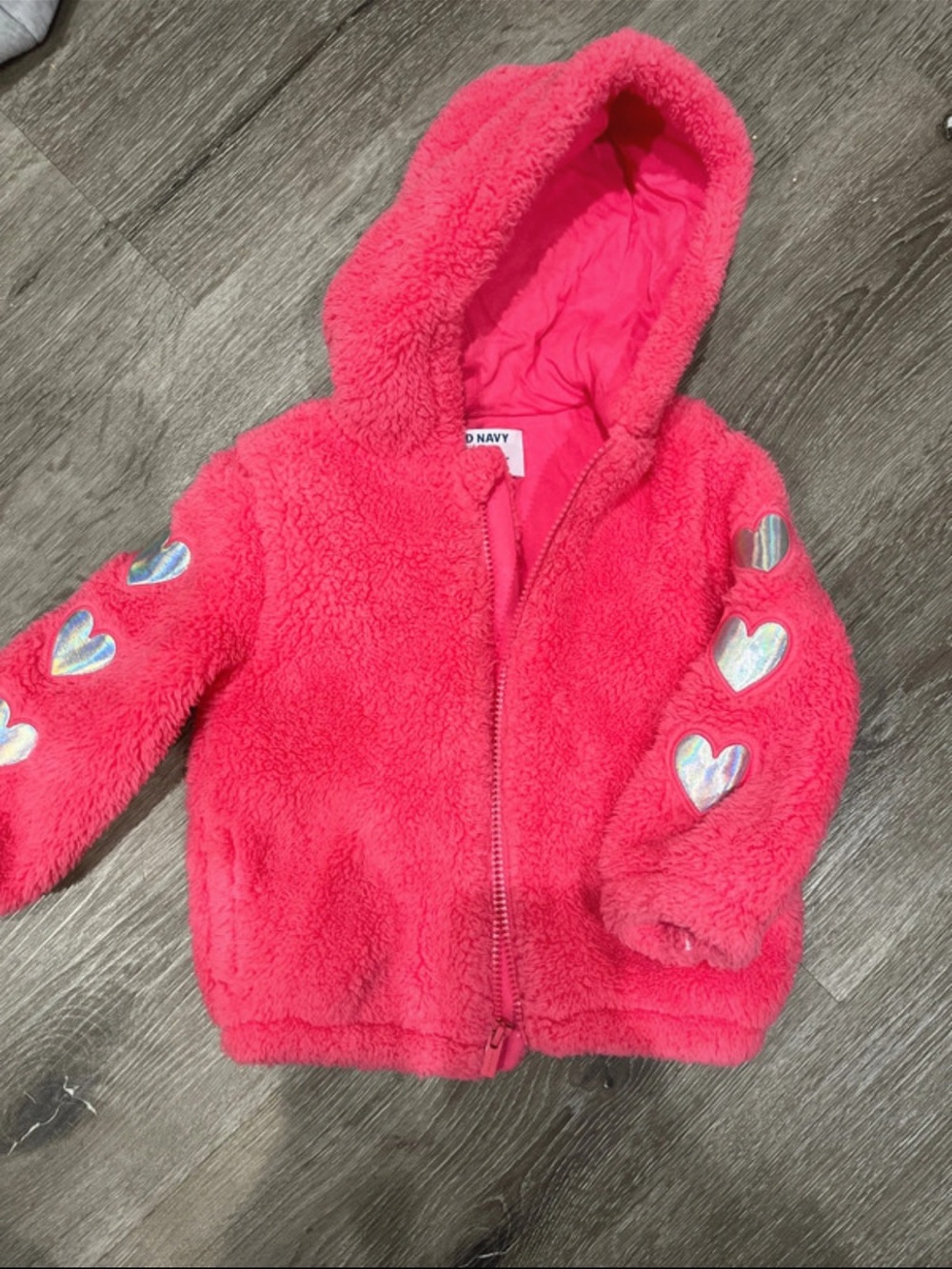 Old Navy Hot Pink Plush Hooded Jacket with Shiny Heart Patches